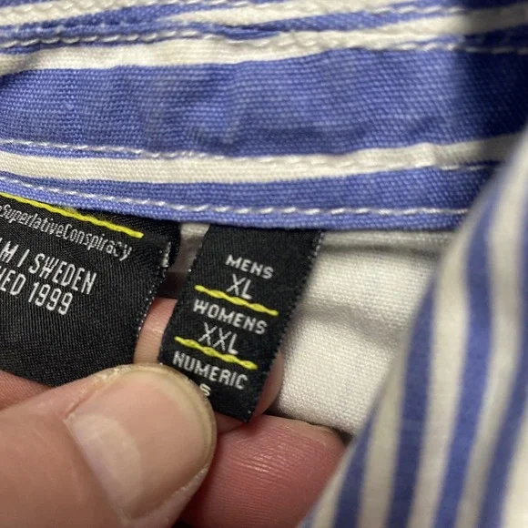 WeSC Jacket Mens XL Blue White Striped Chore Workwear Sail Away Nautical Cotton - Picture 5 of 11